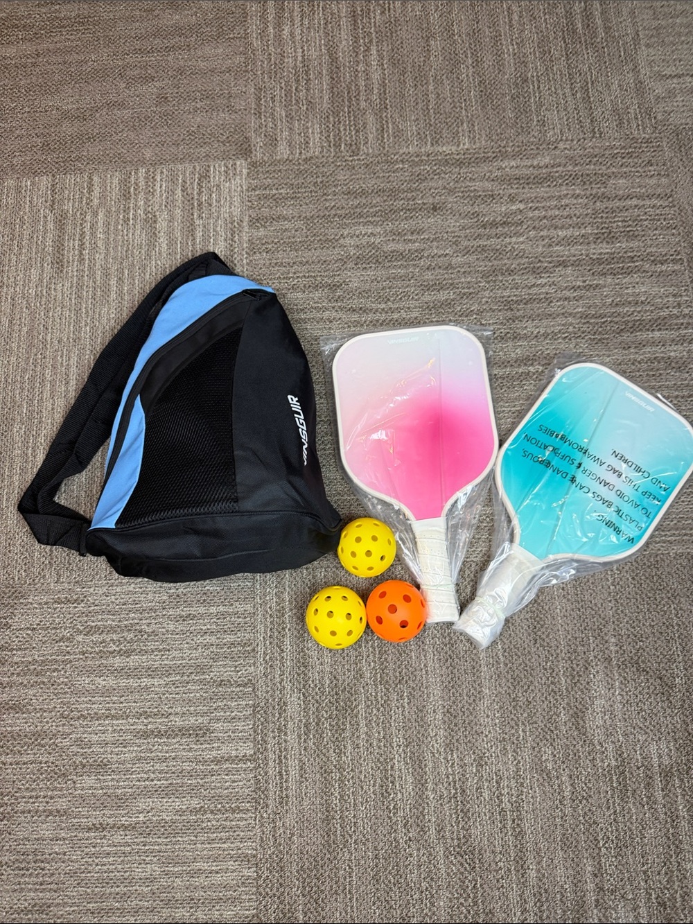 Two-Paddle Outdoor Pickleball Set with Pink & Teal Paddles and Black Carry Bag